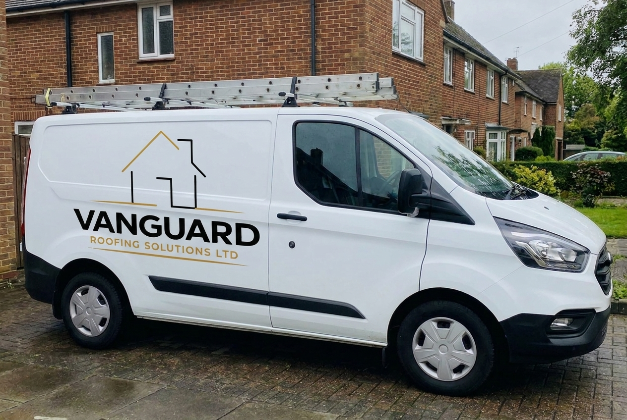 Vanguard Roofing Solutions van outside a roofing project